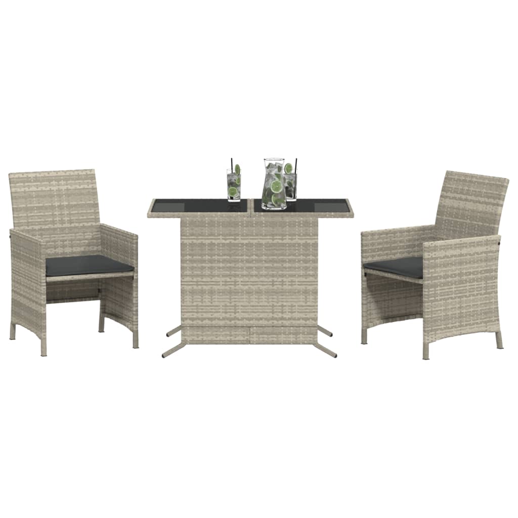 vidaXL 3-delige Bistroset met kussens poly rattan lichtgrijs afbeelding