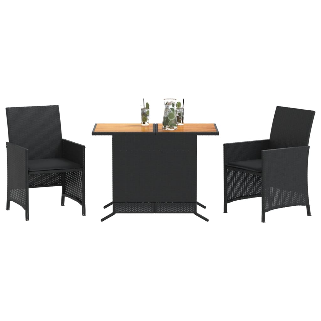 vidaXL 3-delige Bistroset met kussens poly rattan zwart afbeelding