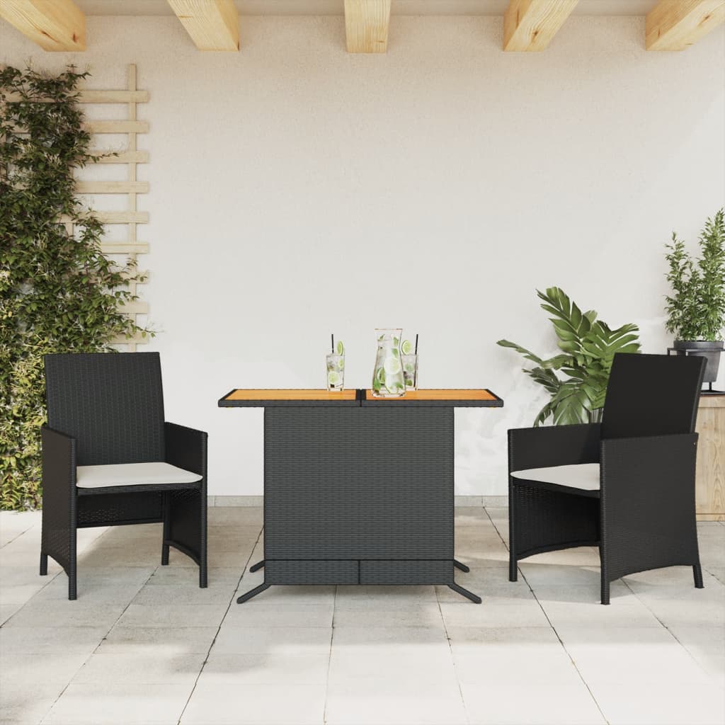 vidaXL 3-tlg. Bistro-Set mit Kissen Schwarz Poly Rattan