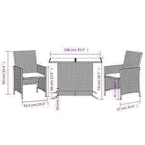 3dílný bistro set s poduškami šedý polyratan - obrázek 14