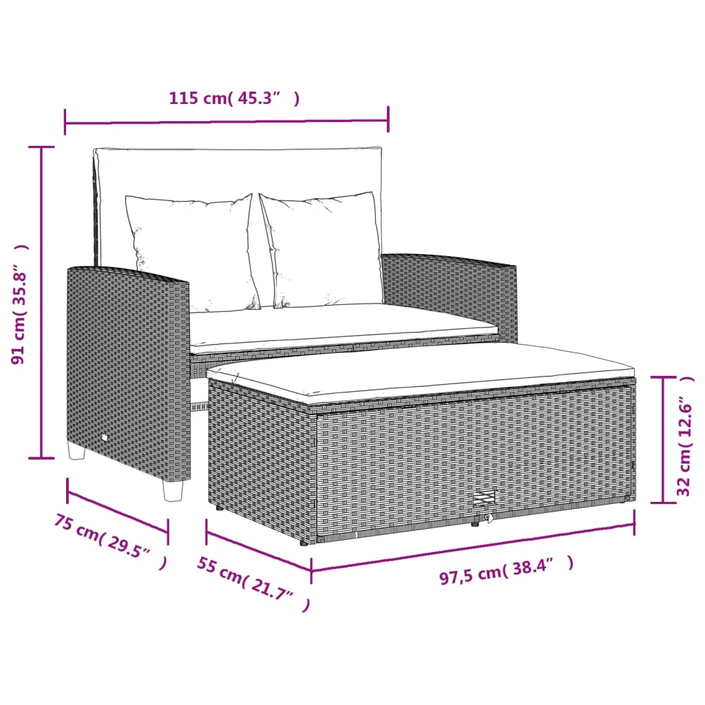 Sofa ogrodowa 2-osobowa rattan PE jasnoszary