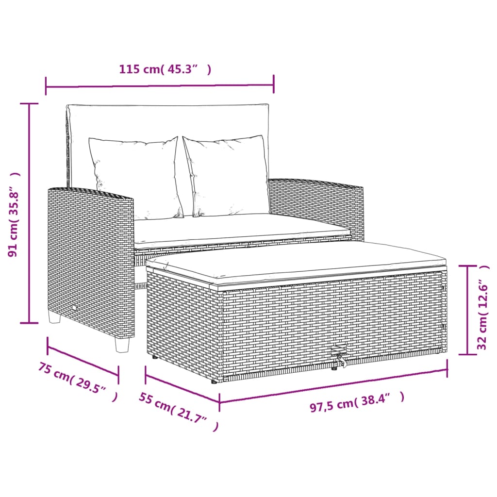 Sofa ogrodowa z poduszkami, 2-os., czarna, rattan PE i akacja