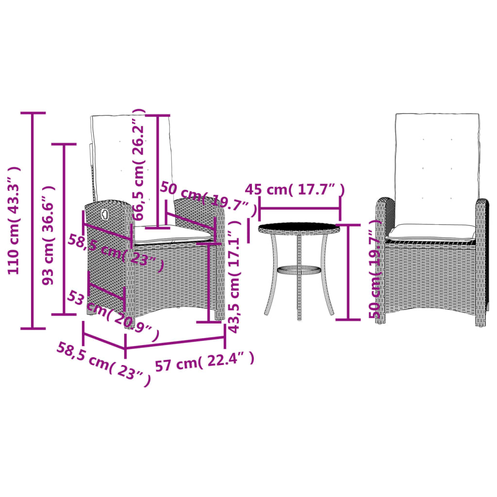 3dílný bistro set s poduškami černý polyratan - obrázek 15