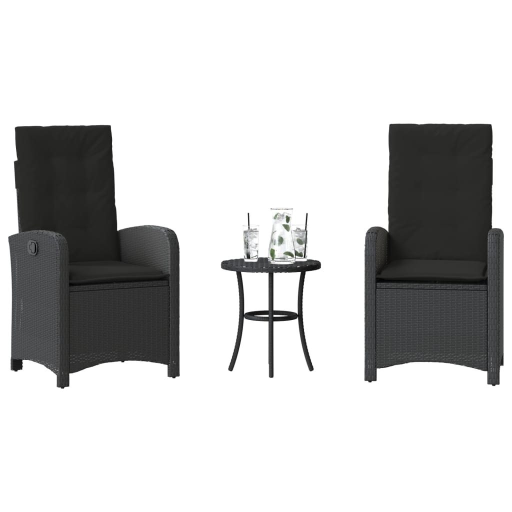 vidaXL Set bistro cu perne, 3 piese, negru, poliratan