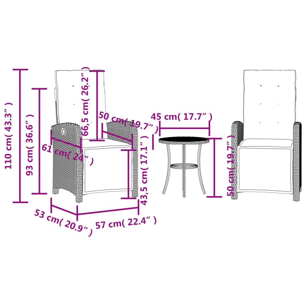 3dílný bistro set s poduškami béžový polyratan - obrázek 15