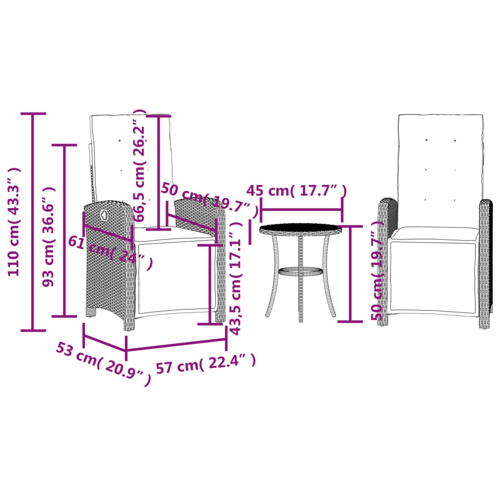 3dílný bistro set s poduškami světle šedý polyratan - obrázek 15