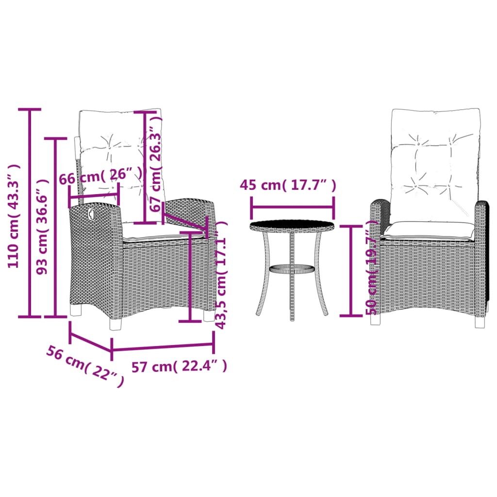 3dílný bistro set s poduškami hnědý polyratan - obrázek 15