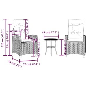 3dílný bistro set s poduškami světle šedý polyratan - obrázek 15