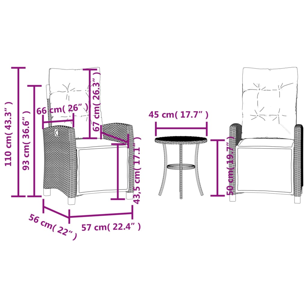 3dílný bistro set s poduškami černý polyratan - obrázek 15