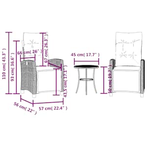 3dílný bistro set s poduškami černý polyratan - obrázek 15