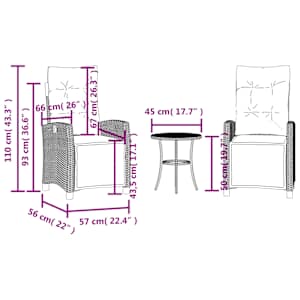 3dílný bistro set s poduškami světle šedý polyratan - obrázek 15