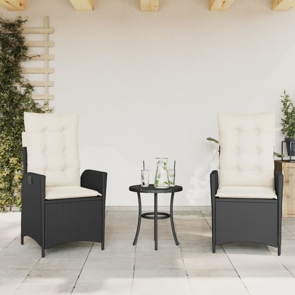 vidaXL 3-delige Bistroset met kussens poly rattan zwart