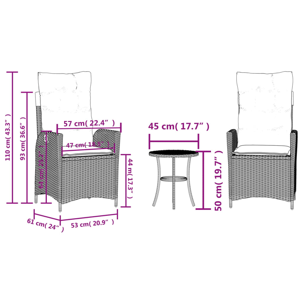 3dílný bistro set s poduškami hnědý polyratan - obrázek 15