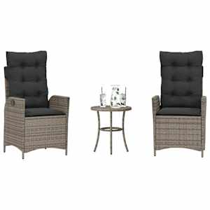 3dílný bistro set s poduškami šedý polyratan