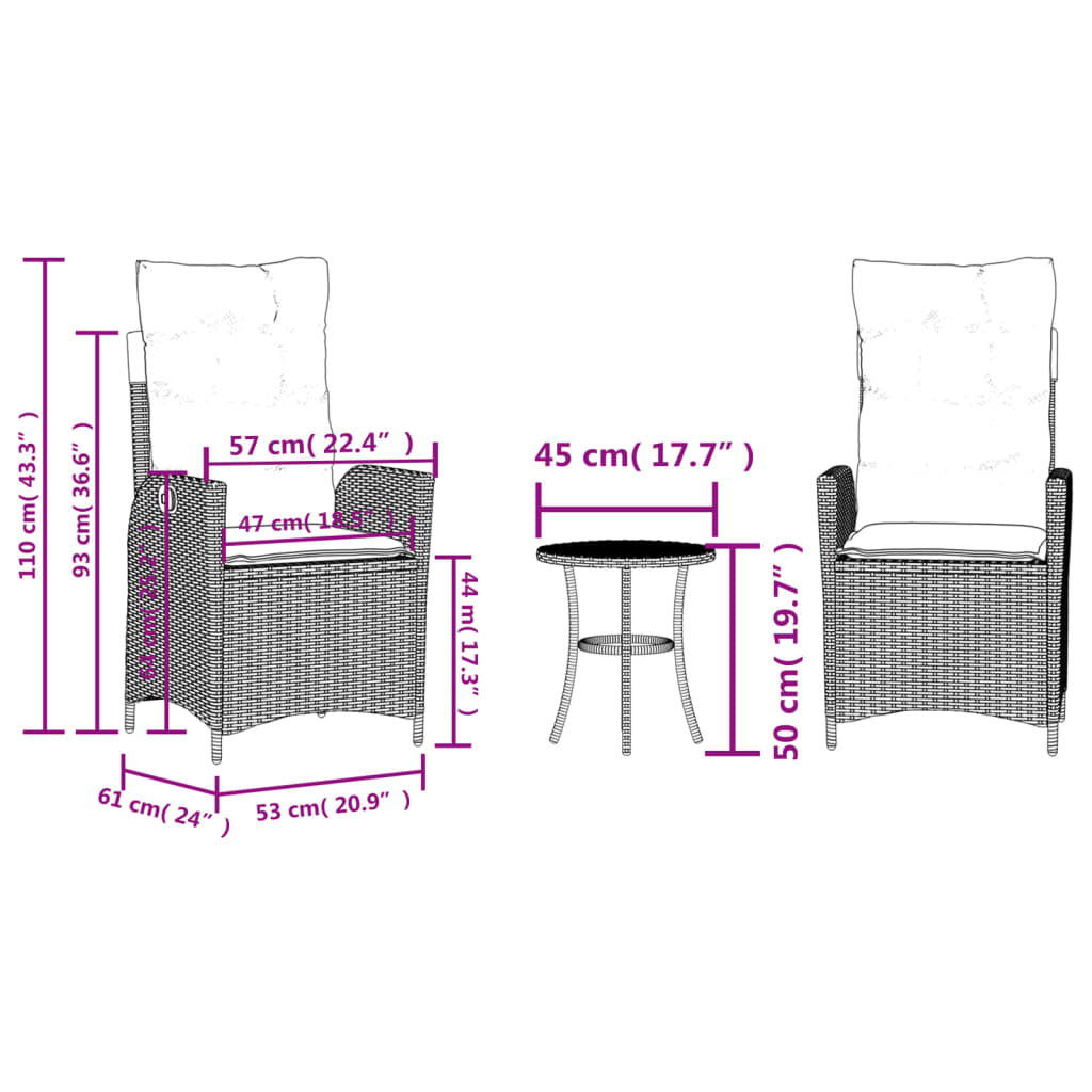 3dílný bistro set s poduškami světle šedý polyratan - obrázek 15