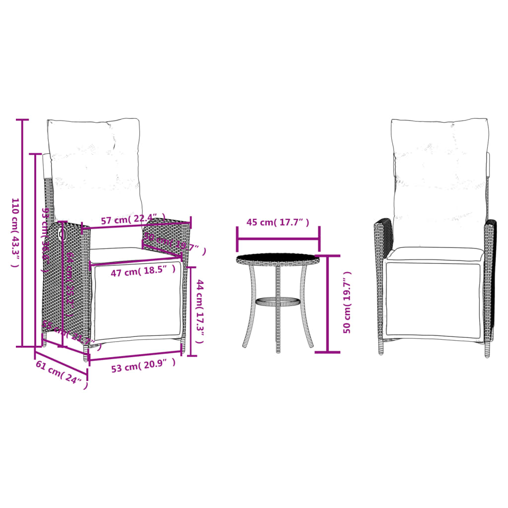 3dílný bistro set s poduškami béžový polyratan - obrázek 15