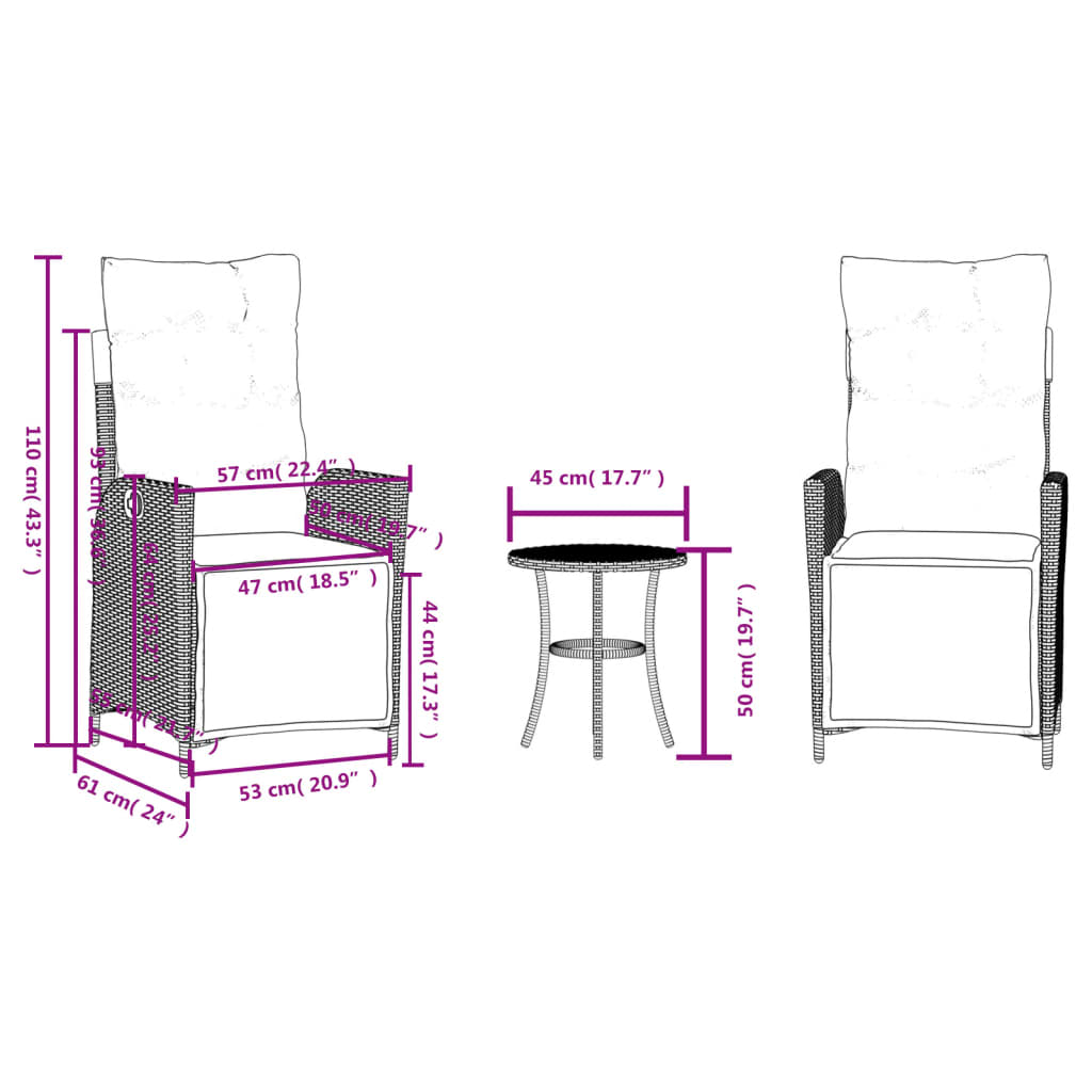 vidaXL 3-tlg. Bistro-Set mit Kissen Beigemischung Poly Rattan – Bild 14