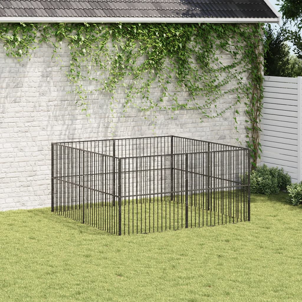 vidaXL Hondenkennel 8 panelen gepoedercoat staal zwart afbeelding