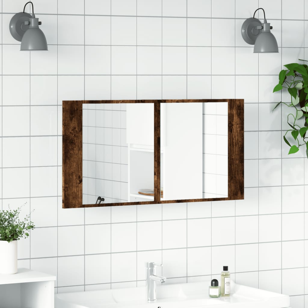 vidaXL füstös tölgy akril LED-es tükrös fürdőszobaszekrény 90x12x45 cm