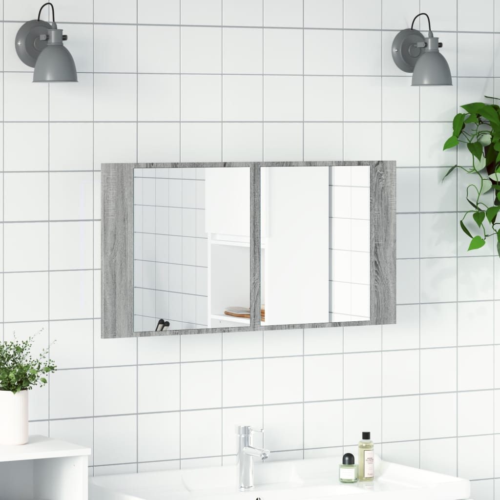vidaXL Badkamerkast met spiegel en LED 90x12x45 cm acryl grijs sonoma afbeelding