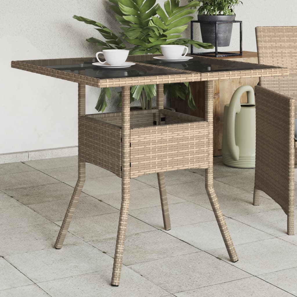 vidaXL havebord med glastop 80x80x75 cm polyrattan beige