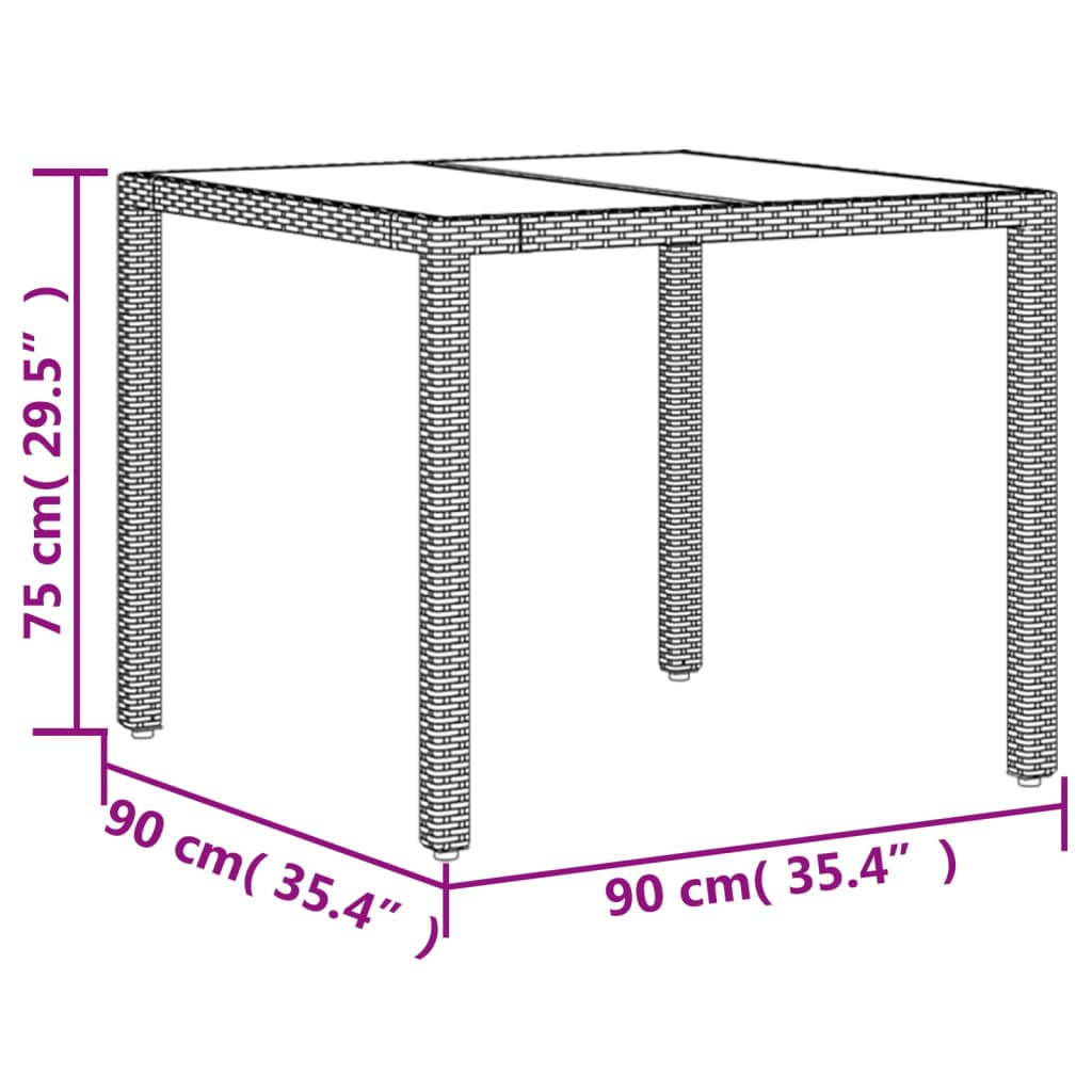  Záhradný stôl so sklenenou doskou sivý 90x90x75 cm polyratan