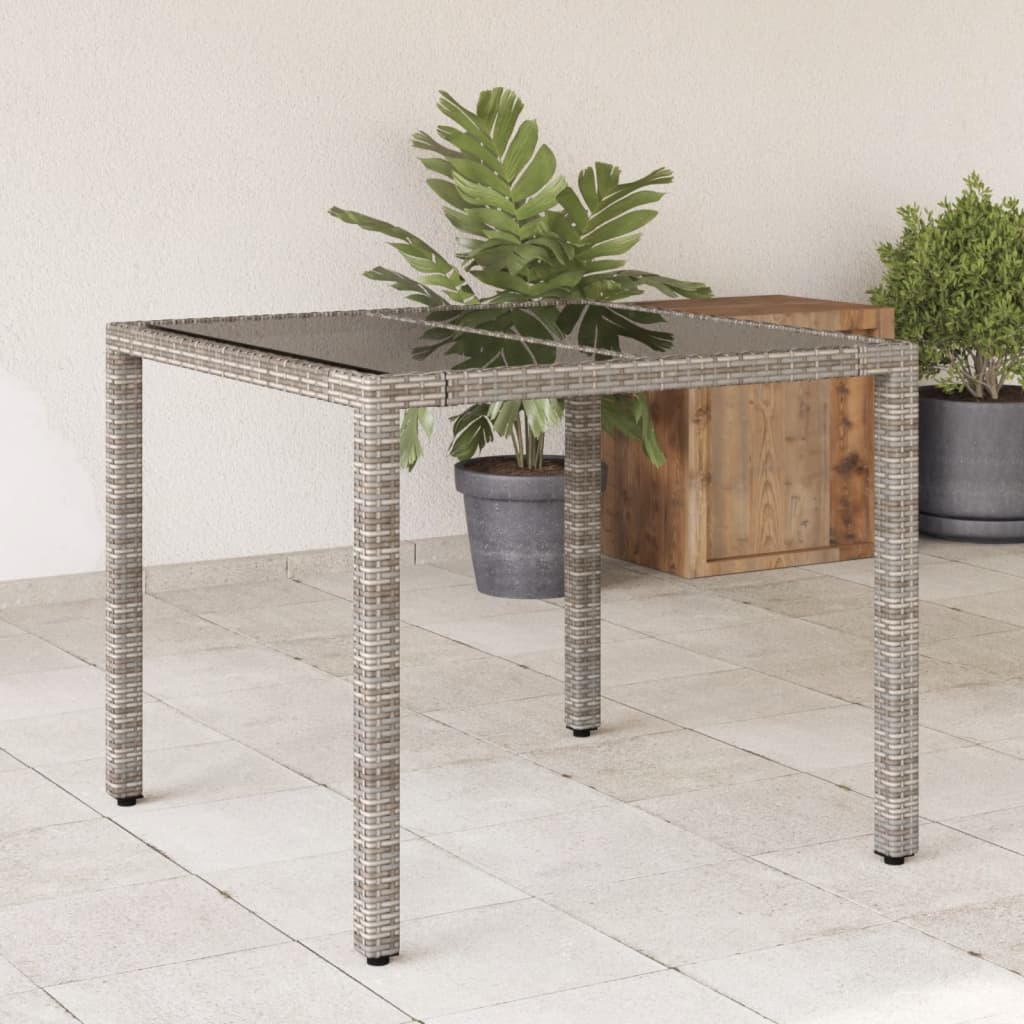  Záhradný stôl so sklenenou doskou sivý 90x90x75 cm polyratan