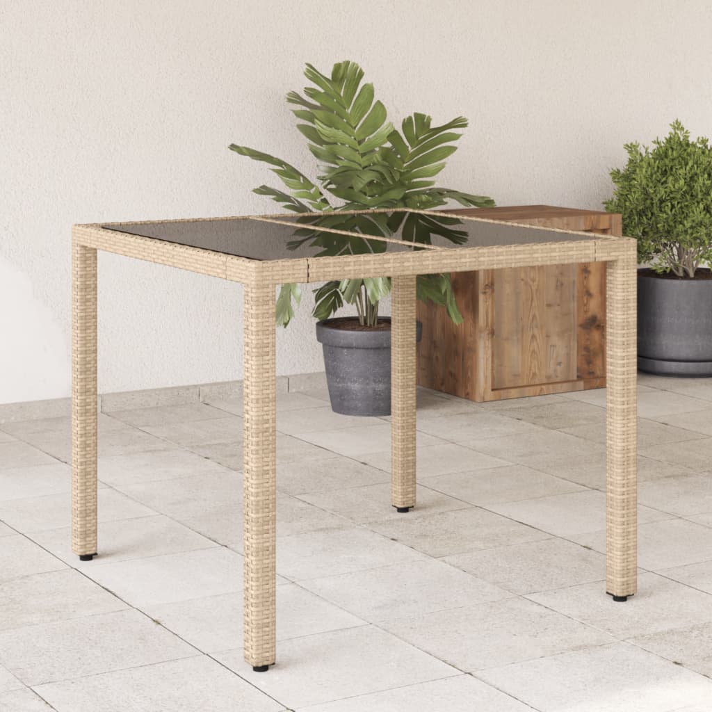 vidaXL Table de jardin dessus en verre beige 90x90x75cm résine tressée