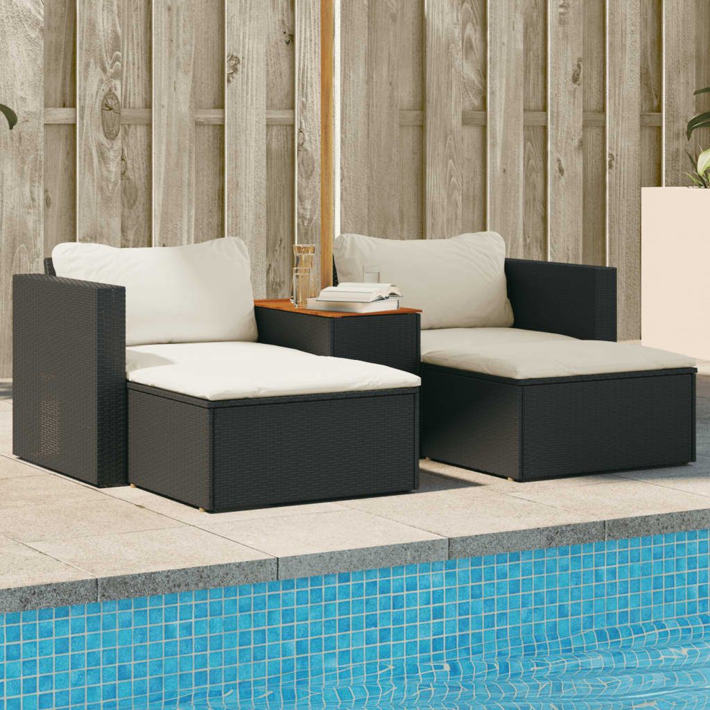 vidaXL 5tlg. Garten-Sofagarnitur mit Kissen Schwarz Poly Rattan Akazie