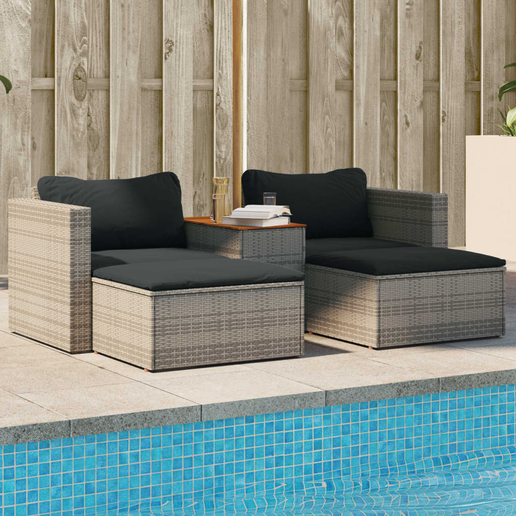 vidaXL 5-tlg. Garten-Sofagarnitur mit Kissen Grau Poly Rattan Akazie