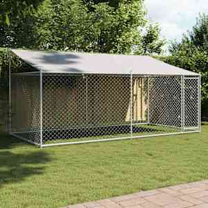Pasji boks s streho in vrati siv 4x2x2 m pocinkano jeklo