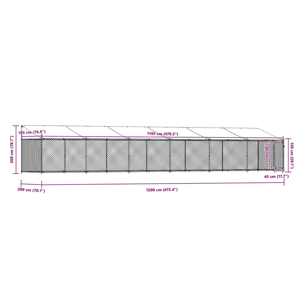 Klec pro psy se střechou a dvířky šedá 12x2x2m pozinkovaná ocel - obrázek 16