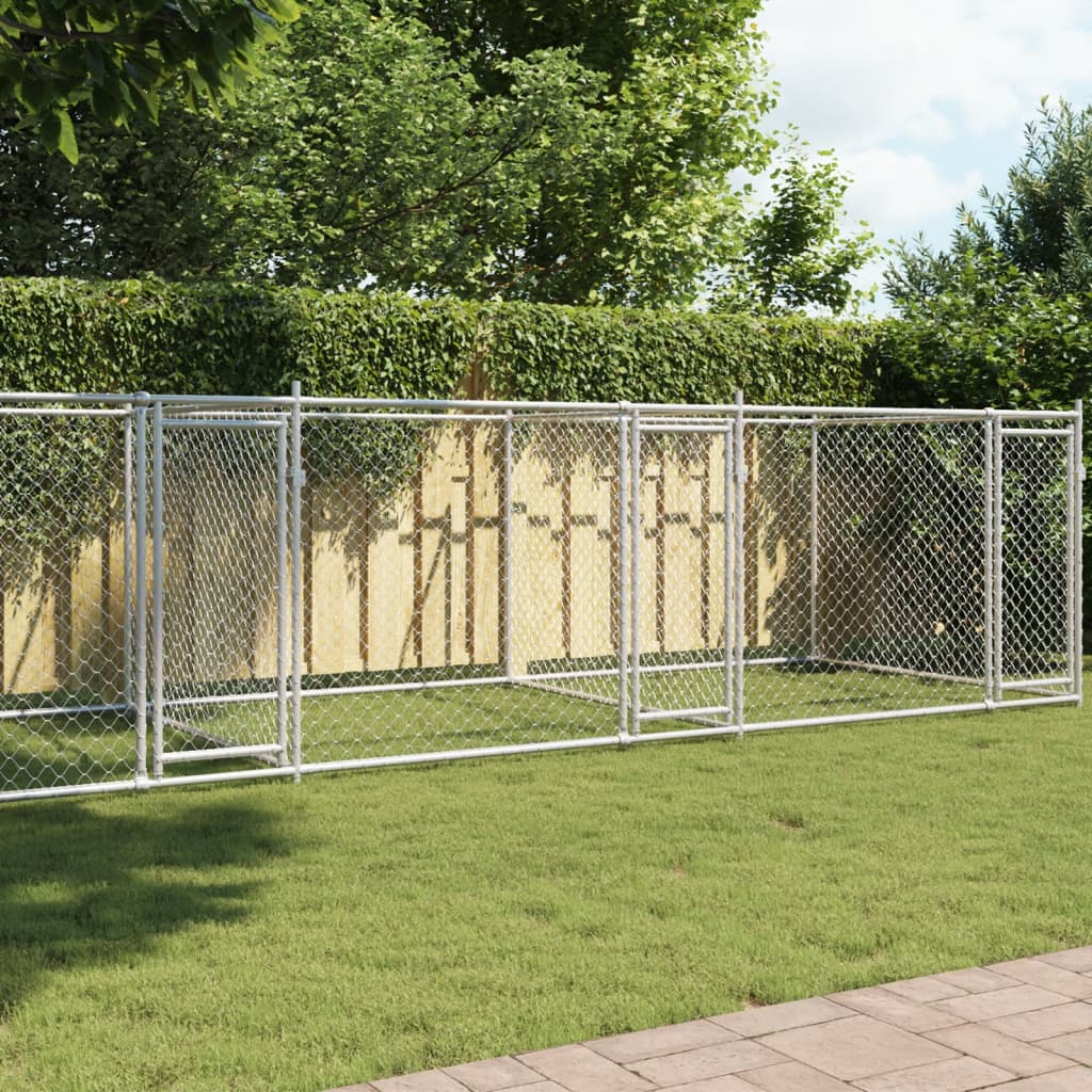 Hundegård med låger 8 x 2 x 1,5 m - galvaniseret stål, grå