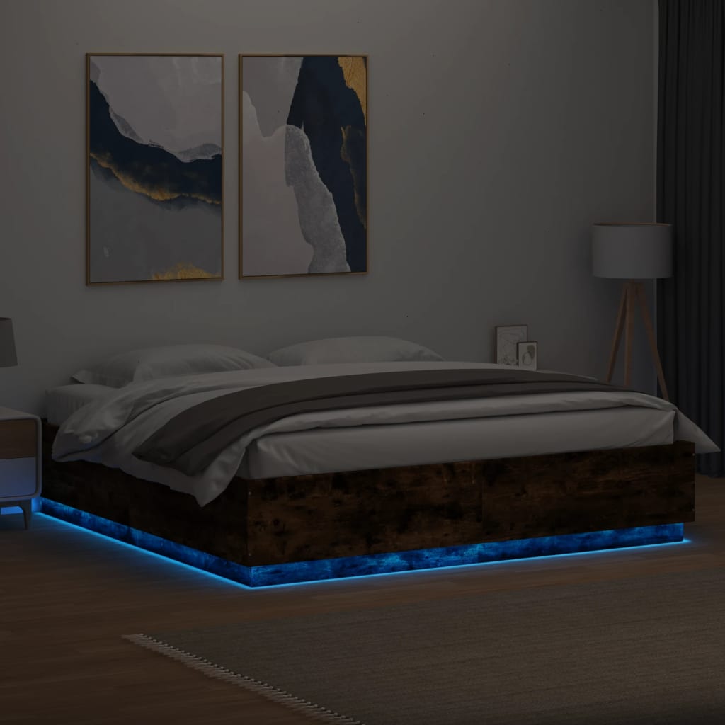 vidaXL Bedframe met LED-verlichting gerookt eikenkleurig 200x200 cm, foto 2
