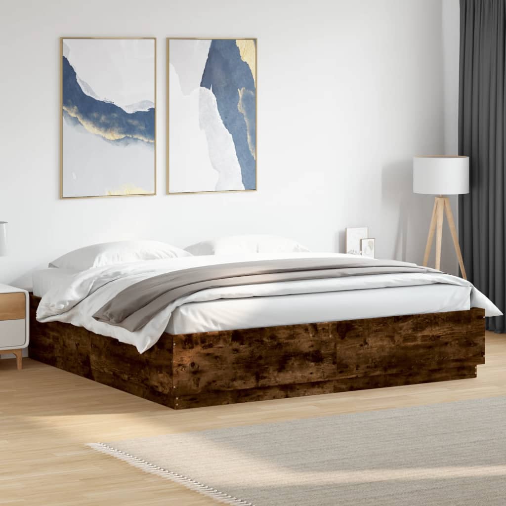 vidaXL sengeramme med LED-lys 200x200 cm konstrueret træ røget eg