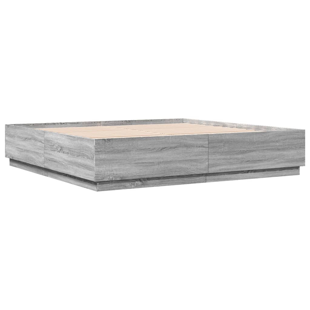 vidaXL szürke sonoma színű szerelt fa ágykeret LED-del 200x200 cm