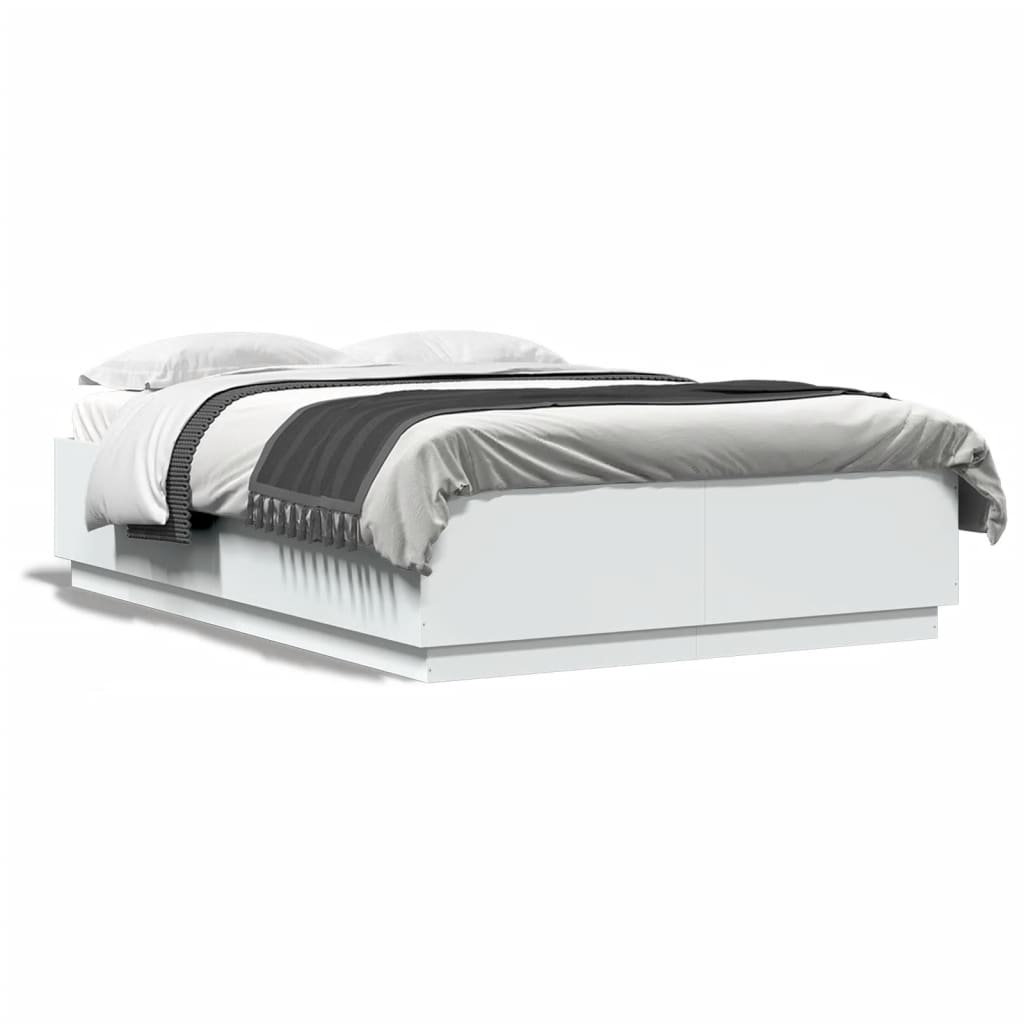 vidaXL Cadru de pat cu lumini LED, alb, 160x200 cm, lemn prelucrat
