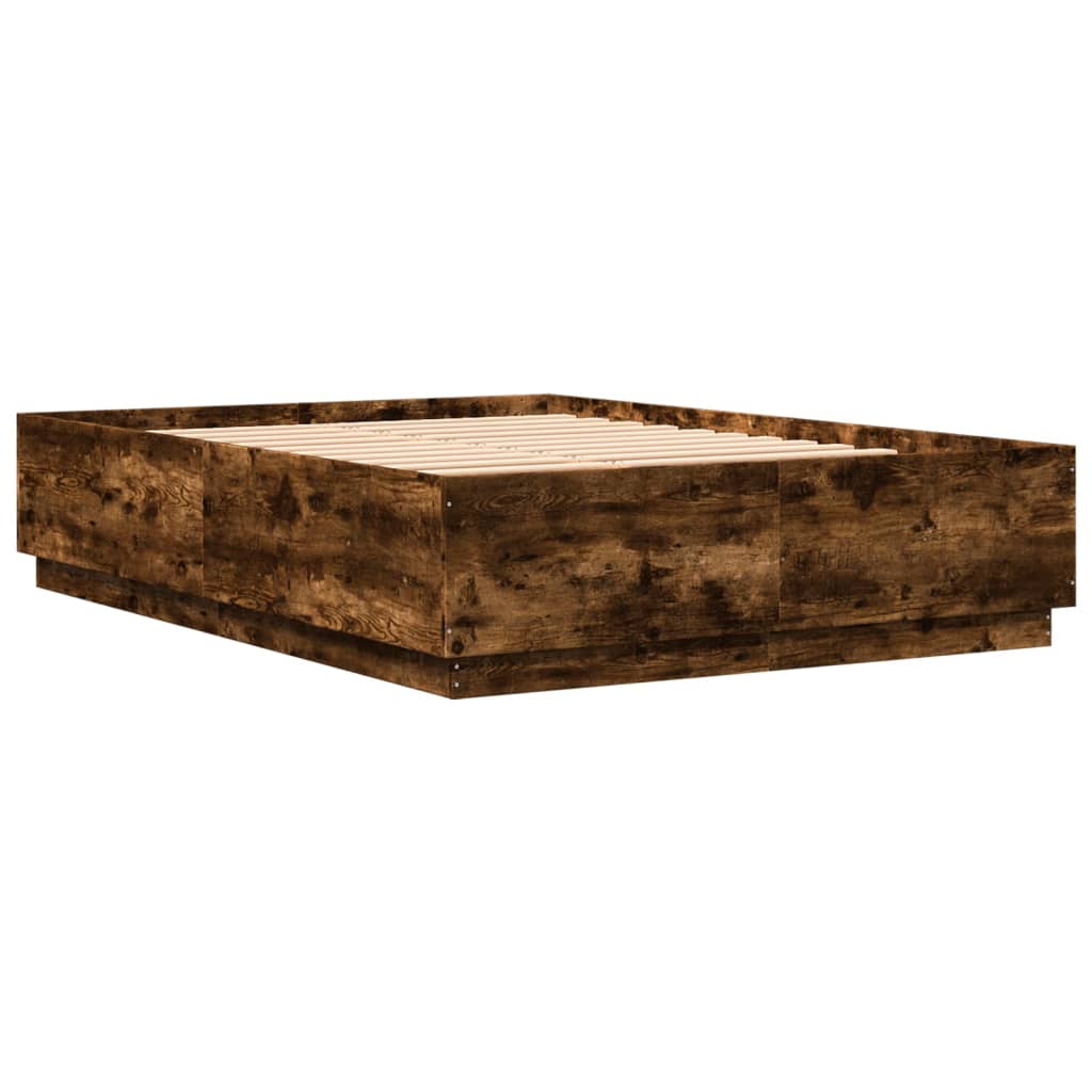 vidaXL füstös tölgy színű szerelt fa ágykeret LED-del 140x200 cm