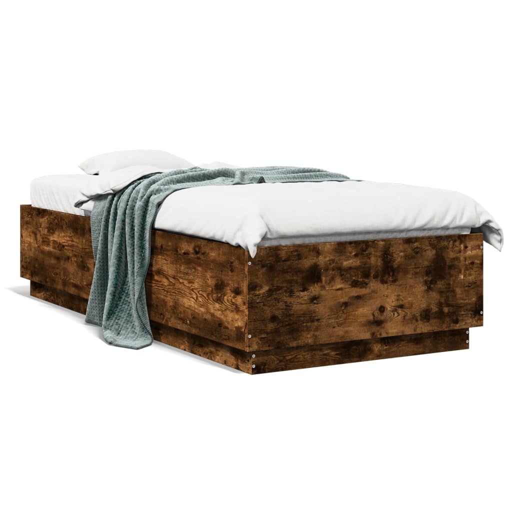 vidaXL Cadru de pat cu LED, stejar fumuriu, 90x200 cm, lemn prelucrat