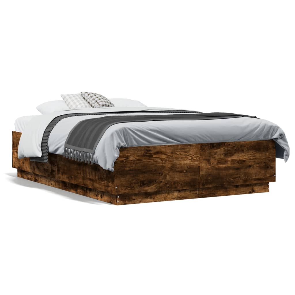 vidaXL Cadru de pat cu LED stejar fumuriu 135x190 cm lemn prelucrat