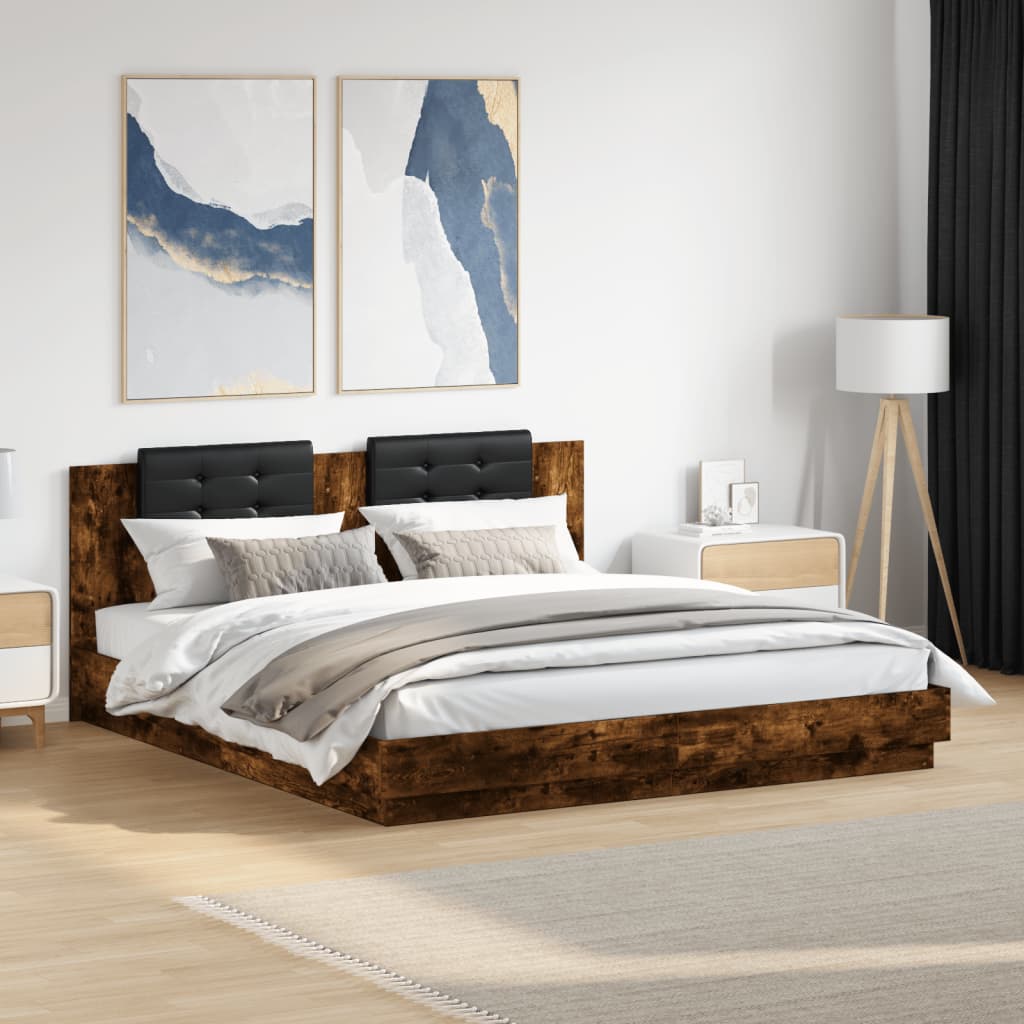 vidaXL Cadru de pat cu tăblie și lumini LED, stejar fumuriu, 200x200cm