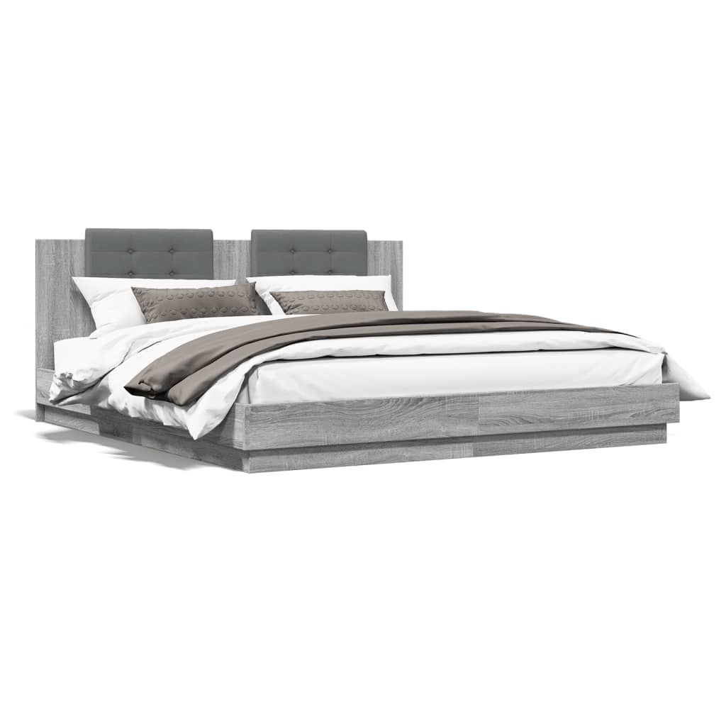 vidaXL Cadru de pat cu tăblie și lumini LED, gri sonoma, 200x200 cm