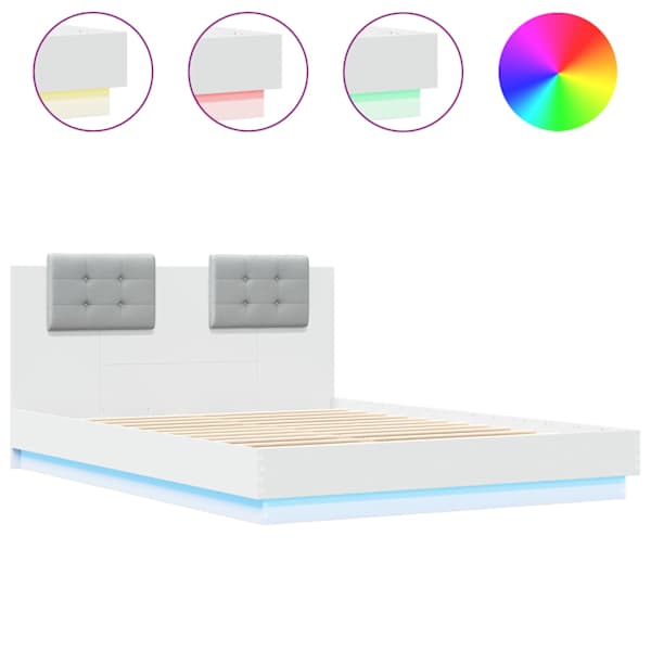 vidaXL voodiraam peatsi ja LED-tuledega, valge, 120 x 200 cm