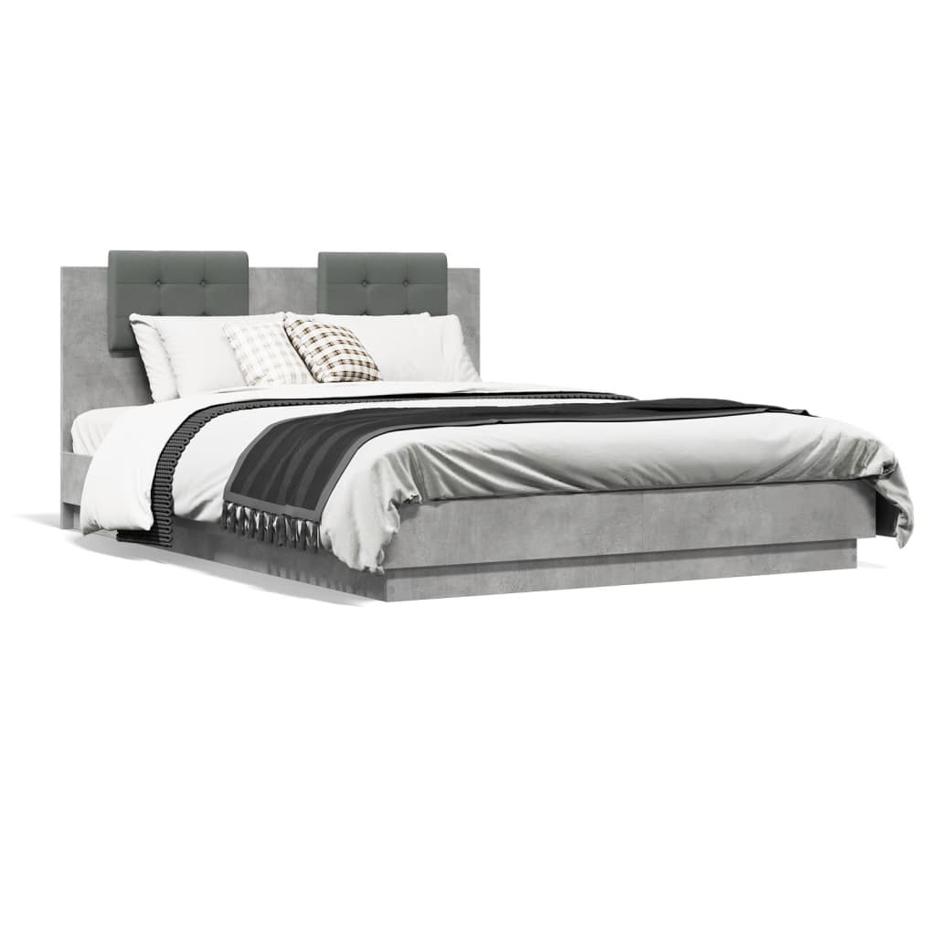 vidaXL Cadru de pat cu tăblie și lumini LED, gri beton, 120x200 cm