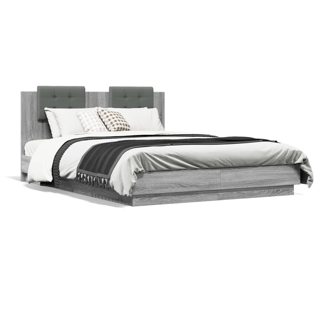 vidaXL Cadru de pat cu tăblie și lumini LED, gri sonoma, 120x200 cm