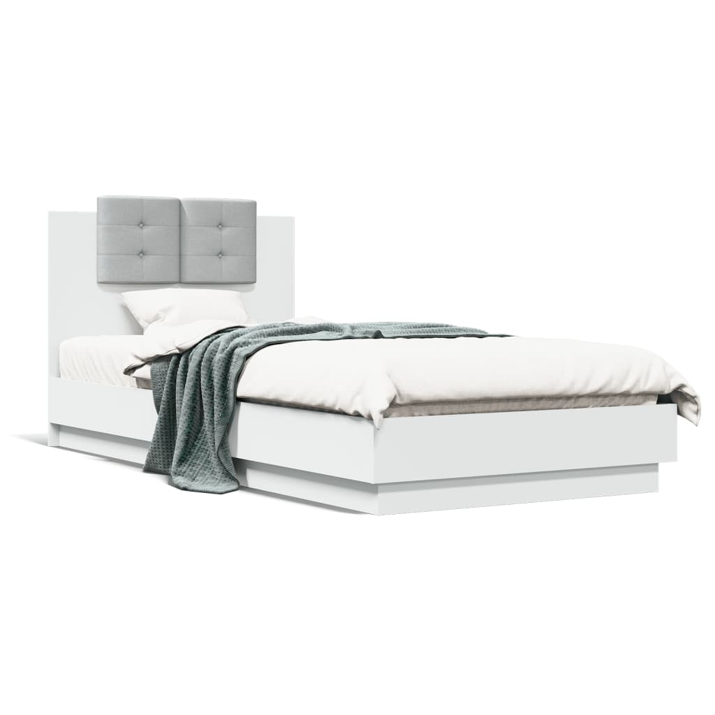 vidaXL Cadru de pat cu tăblie și lumini LED, alb, 100x200 cm