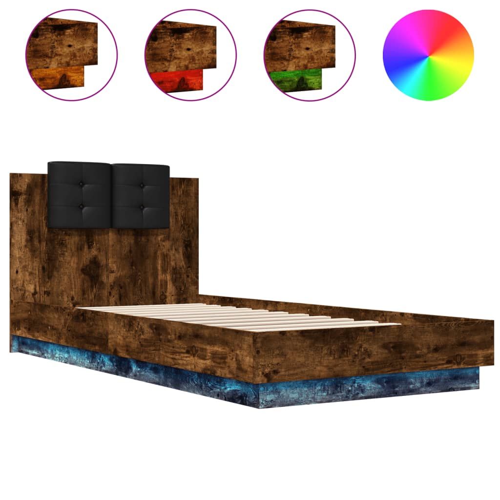 Thumbnail - vidaXL Bettgestell mit Kopfteil und LED-Leuchten Räuchereiche 90x200cm