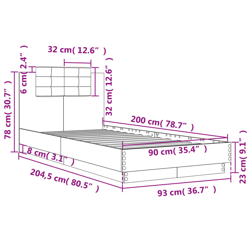 Rám postele s čelem a LED osvětlením hnědý dub 90 x 200 cm - obrázek 14