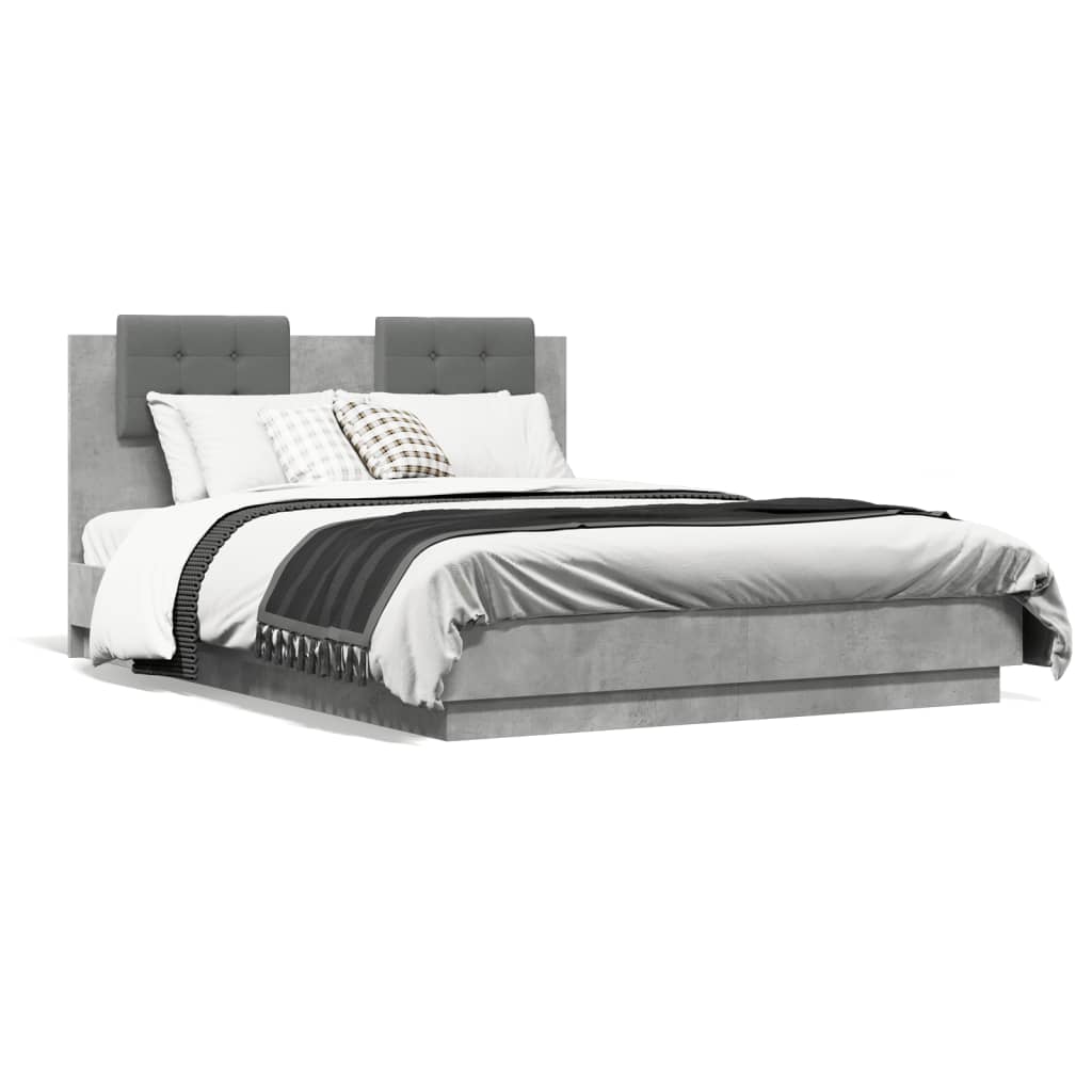 vidaXL Cadru de pat cu tăblie și lumini LED, gri beton, 140x190 cm