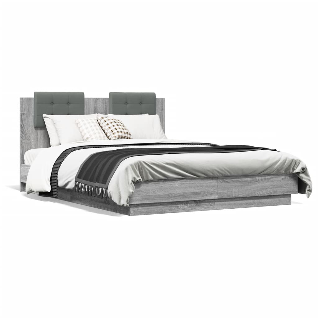vidaXL Cadru de pat cu tăblie și lumini LED, gri sonoma, 140x190 cm